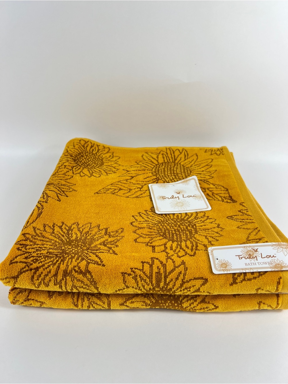 Truly Lou Bath Towels FALL Sunflowers Gold Brown Soft Velour Cotton 2 Pc NEW